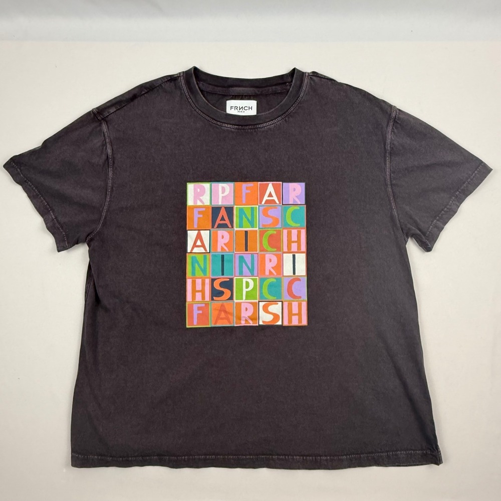 FRNCH Paris Womens Washed Charcoal Graphic Alphabet Grid Cotton T-Shirt Small